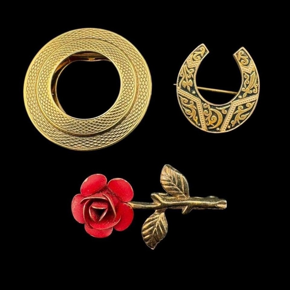 Vintage Brooch Scarf Clip Lot Gold Tone Lieba Rose Enamel Damascene Collection